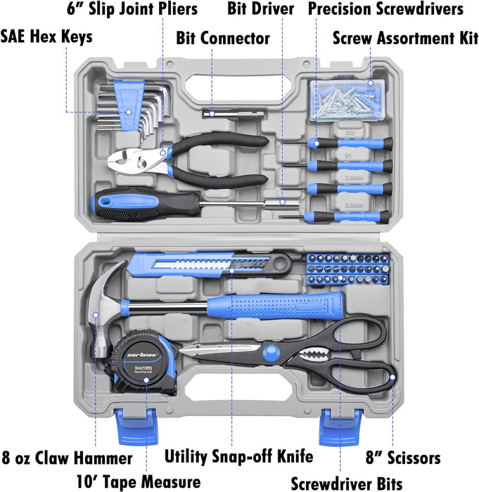 Tool Set General Hand Tool Kit with Plastic Toolbox Storage Case, Automotive Set Blue