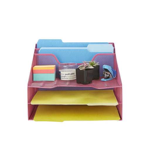 Mind Reader 3-Tier Mesh Desk File Organizer Tray with 5 Compartments, Pink