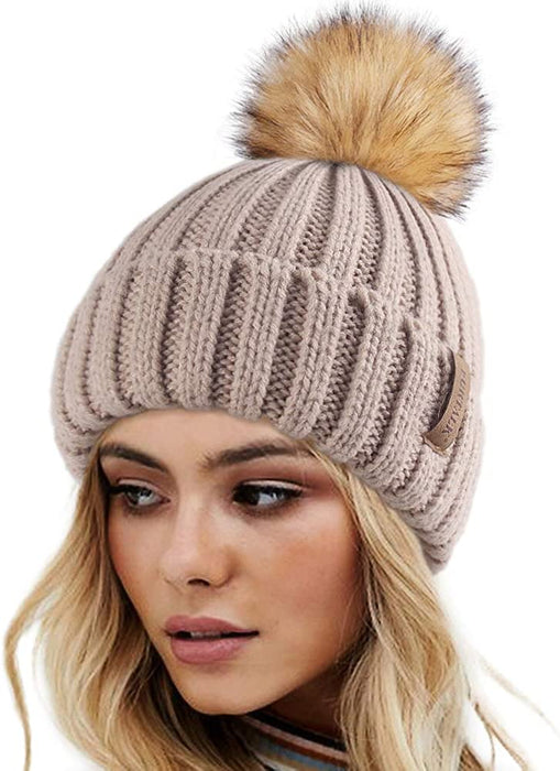 FURTALK Womens Winter Knitted Beanie Hat with Faux Fur Pom Warm Knit Skull Cap Beanie for Women…