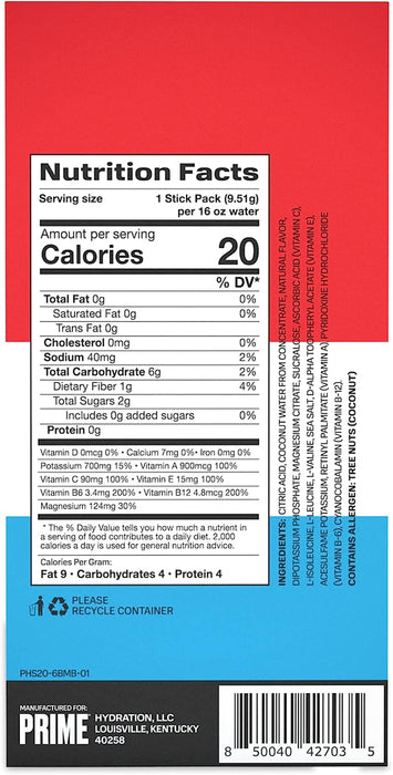 Prime Hydration+ Stick Pack | Electrolyte Drink Mix | 10% Coconut Water | 250Mg Bcaas | Antioxidants | Naturally Flavored | Zero Added Sugar | Easy Open Single-Serving Stick | Ice Pop, 6 Sticks