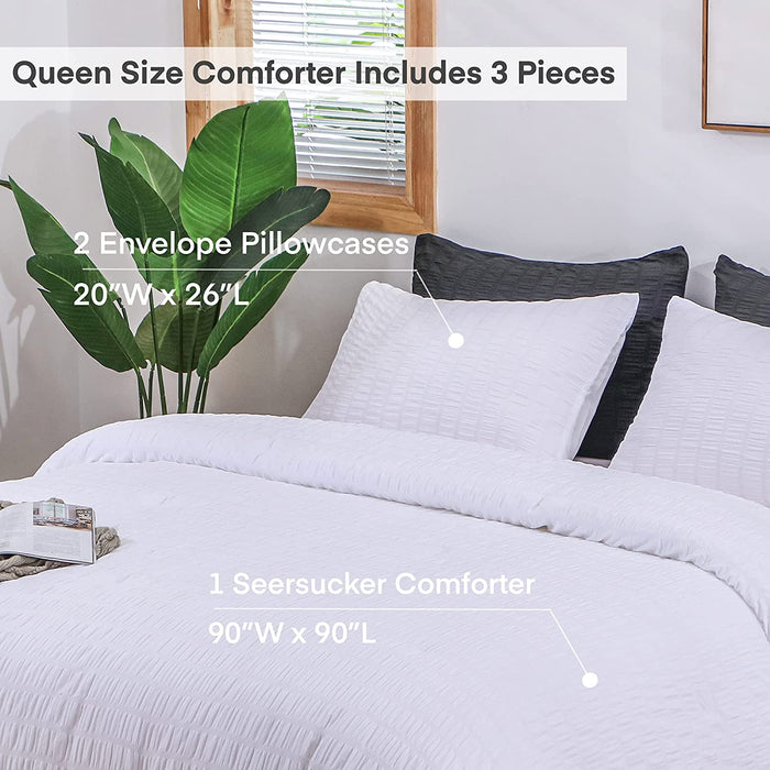 Seersucker Queen Comforter Set (90X90 Inches), 3 Pieces - 100% Soft Washed Microfiber Lightweight Comforter with 2 Pillowcases, All Season down Alternative Comforter Set for Bedding, White