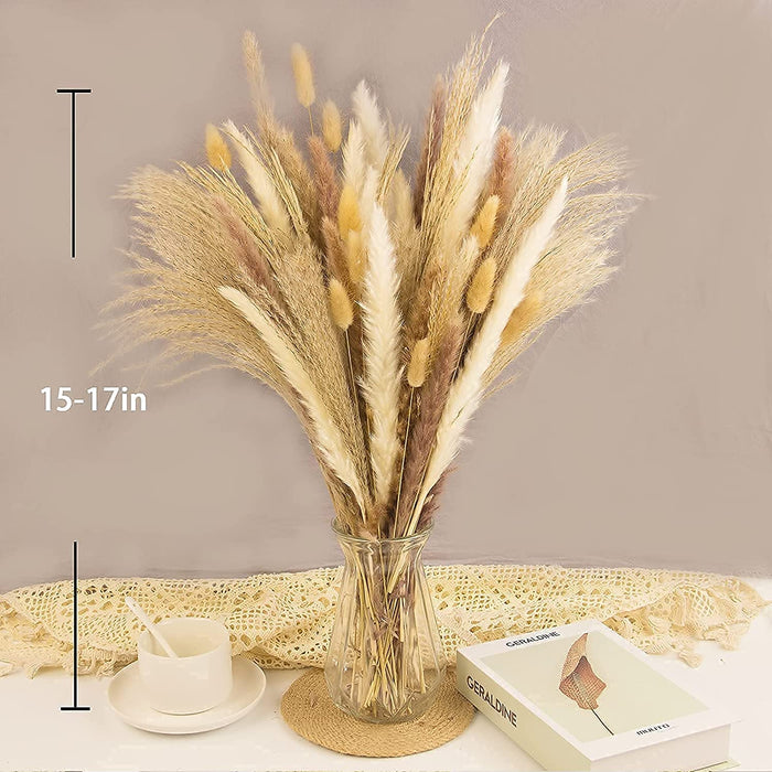 65PCS Pampas Grass Decor, Including Pompas Floral, Reed Dried Grass and Bunny Tails Dried Flowers, Natural Dried Pampas Grass Bouquet for Boho Decor Wedding, Home Decoration