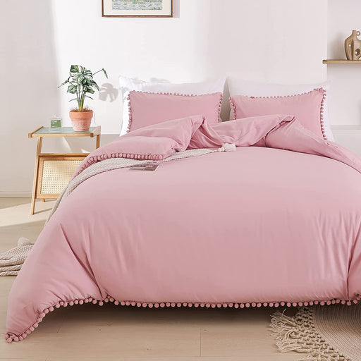 Dust Pink Queen Ball Pom Fringe Design Comforter Set 3Pcs, Boho Aesthetic Luxurious Full Bedding Set, Vintage Ultra Soft Microfiber Comforter Set (1 Comforter, 2 Pillowcases)