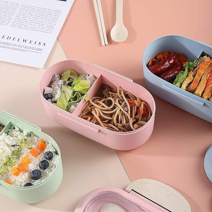 Bento Box, Natural Wheat Safety 1000 ML Lunch Box Leakproof Food Storage Container with Fork Chopsticks, Spoon for Kids Adults, Microwavable, Dishwasher Safe, Pink