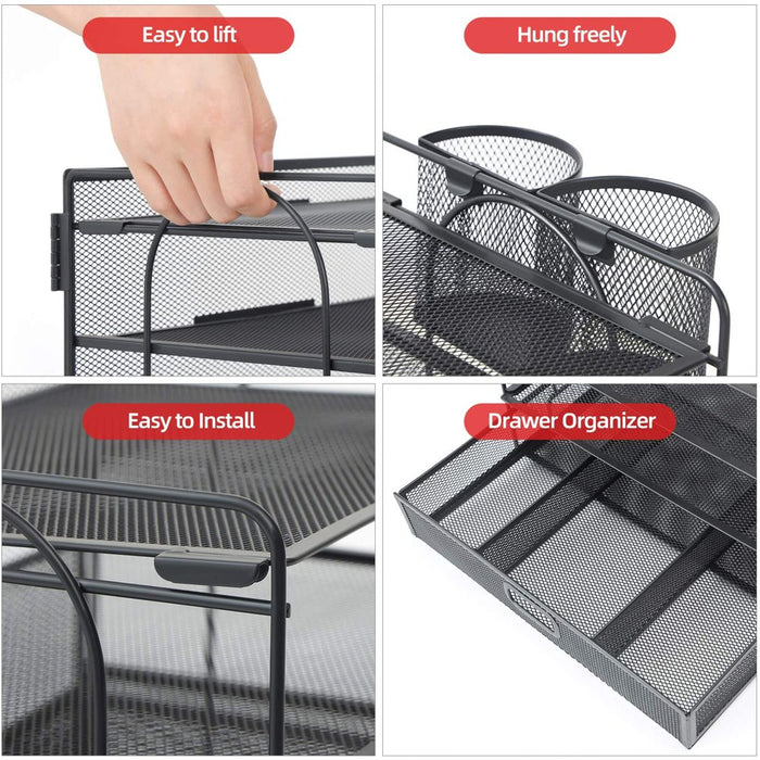 4-Trays Desktop File Organizer with Pen Holder | Paper Letter Tray with Drawer and 2 Pen Holder | Mesh Office Supplies Desk Organizer for Home Office (Black)