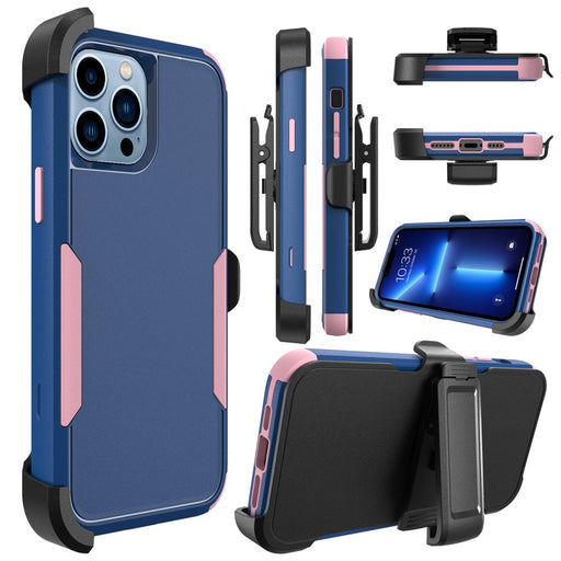 for Iphone 13 Pro Max/13 Pro/13/13 Mini Phone Case with Belt Clip Stand Shockproof Protective Case Hybrid Armor Cover, Navy Blue