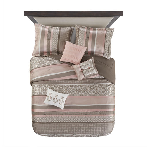 Mainstays 7-Piece Princeton Woven Jacquard Comforter Set, Blush Stripe, Full/Queen