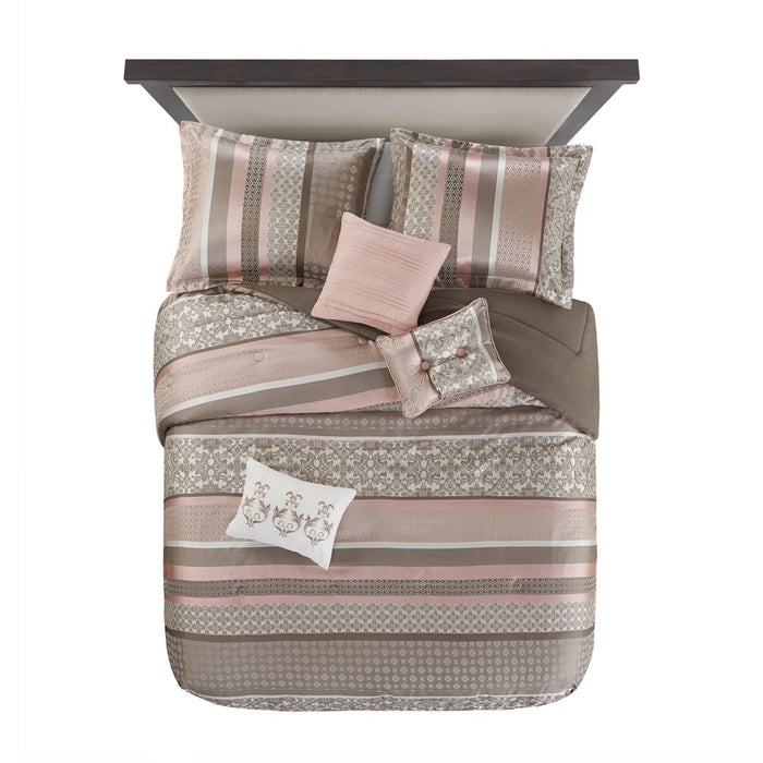 Mainstays 7-Piece Princeton Woven Jacquard Comforter Set, Blush Stripe, Full/Queen