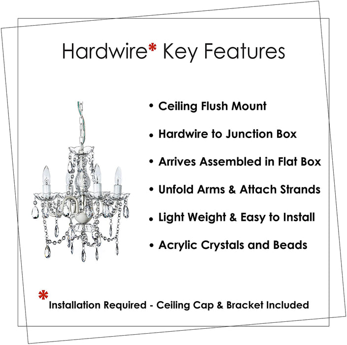 the Original 4 Light Crystal White Hardwire Flush Mount Chandelier H17.5”Xw15”, White Metal Frame with Clear Glass Stem and Clear Acrylic Crystals & Beads That Sparkle Just like Glass