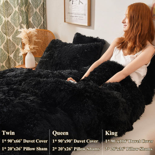 3 Pieces Furry Plush Duvet Cover Set, Black Faux Fur Comforter Cover Set, Luxury Soft Velvet Fuzzy Fluffy Bedding Set, Shaggy Duvet Cover with 2 Pillow Covers, Zipper Closure, Queen Size, Black