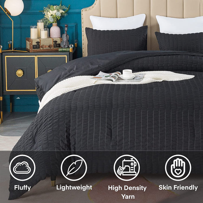 Seersucker Queen Comforter Set (90X90 Inches), 3 Pieces - 100% Soft Washed Microfiber Lightweight Comforter with 2 Pillowcases, All Season down Alternative Comforter Set for Bedding, Black