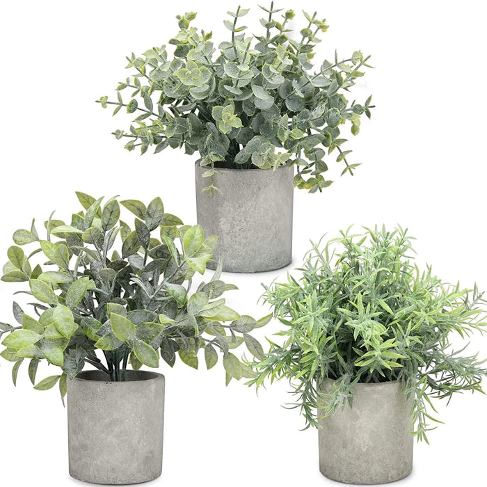 3 Pack Mini Potted Fake Plants Eucalyptus Rosemary Boxwood Artificial Plastic Plants for Bathroom Shelf Home Office Desk Table Decor Indoor