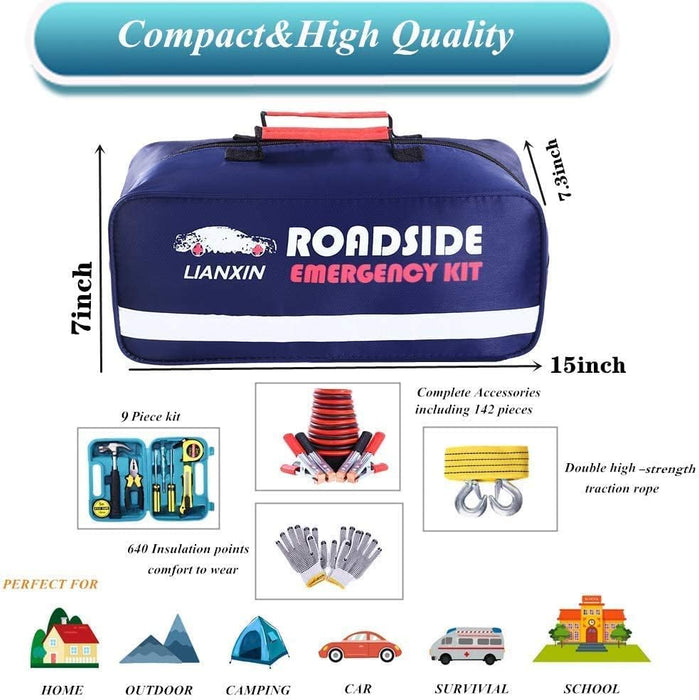 Roadside Assistance Emergency Kit - Car Emergency Kit with Jumper Cables (Upgraded) Emergency Roadside Kit for Car 142 Pieces Car Safety Kits,Tow Strap,Tool Kit,Reflective Warning Triangle