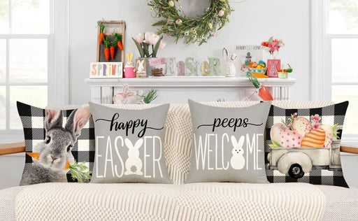 Easter Pillow Covers 18X18 Set of 4 Easter Decorations for Spring Farmhouse Pillows Easter Decorative Throw Pillows Buffalo Plaid Bunny Eggs Welcome Peeps Throw Cushion Case for Home Decor TH163