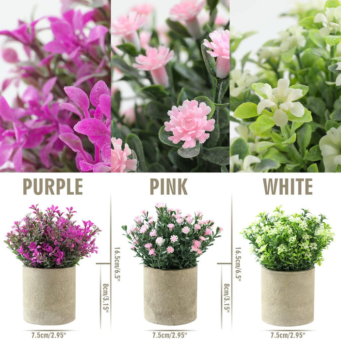 GIRLS Small Fake Plants Set of 3 Home Decor Indoor, Potted Artificial Plant Flowers Living Room Bedroom Bathroom Aesthetic, Mini Faux Plant in Pots for Desk Shelf Office, Purple Pink White
