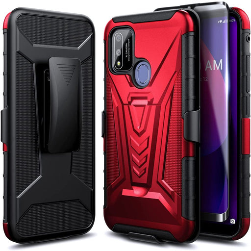 Coolpad SUVA Phone Case with Tempered Glass Screen Protector (Full Coverage),  Belt Clip Holster with Built-In Kickstand, Heavy Duty Shockproof Armor Rugged Case (Red)