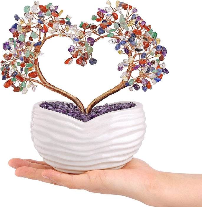7 Chakra Healing Crystal Heart Money Tree Healing Gemstone Bonsai for Wedding Ceremony Reiki Balancing Energy Meditation Feng Shui Wealth & Good Luck Home Indoor Office Decor 7.87"-8.26"