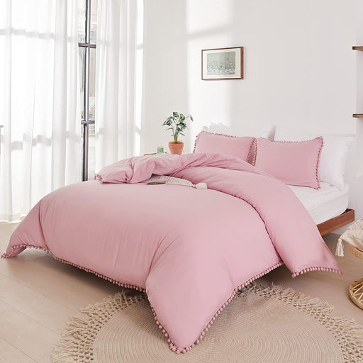 Dust Pink Queen Ball Pom Fringe Design Comforter Set 3Pcs, Boho Aesthetic Luxurious Full Bedding Set, Vintage Ultra Soft Microfiber Comforter Set (1 Comforter, 2 Pillowcases)