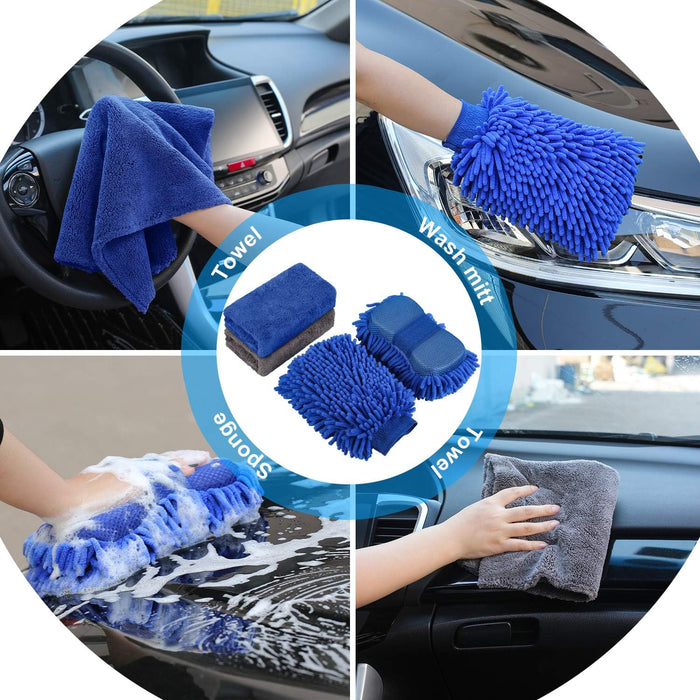 22Pcs Car Wash Cleaning Tools Kit Car Detailing Set with Blue Canvas Bag Collapsible Bucket Wash Mitt Sponge Towels Tire Brush Window Scraper Duster Complete Interior Car Care Kit