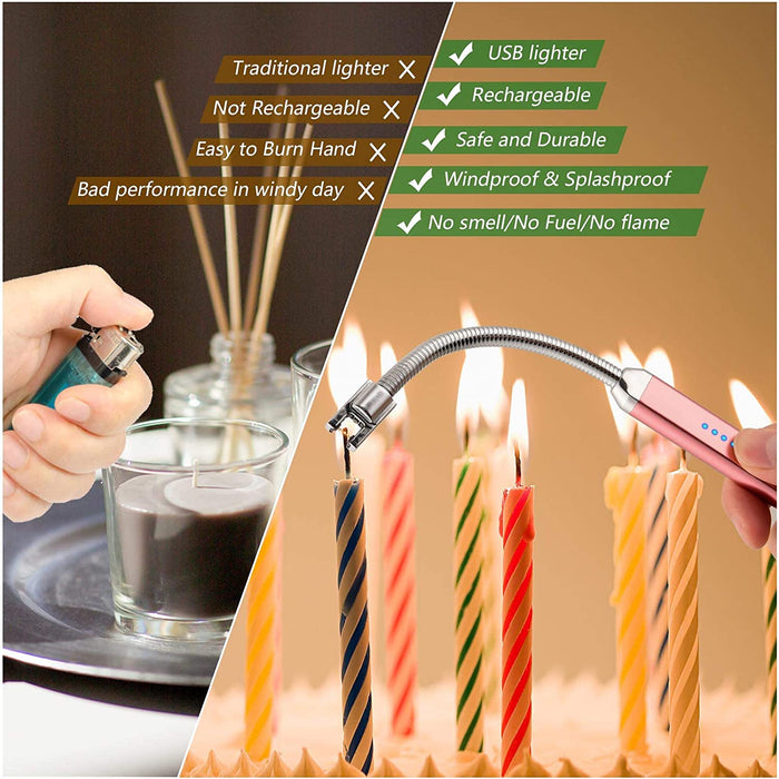 Lighter Electric Candle Lighter Christmas Stocking Stuffers Gifts for Women Men Rechargeable USB Lighter Arc Lighters for Candle Camping BBQ Christmas Birthday Gifts for Men Women (Rose Gold)
