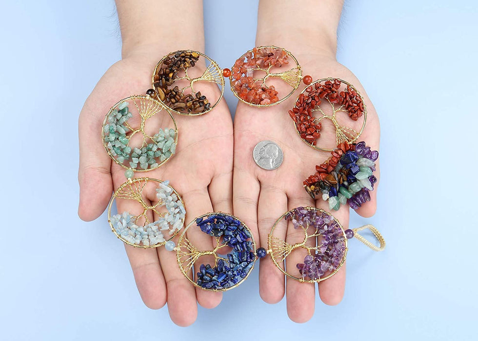 Natural 7 Chakra Stones Reiki Healing Crystals Tree of Life Hanging Ornament Tumbled Gemstones Tassels Home Decor Car Decoration Wall Hanging for Good Luck Yoga Meditation