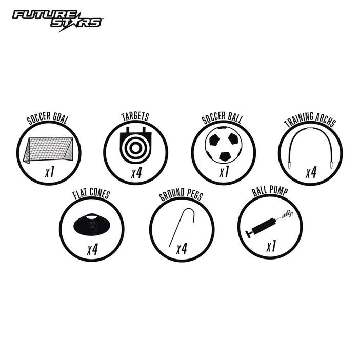Future Stars 6 Ft. Super Soccer Goal Combo Set - 1 6Ft Soccer Net, 1 Junior Soccer Ball, 4 Targets, 4 Cones, 4 Arches and Pump with Pin! Instant Soccer Game in a Box!