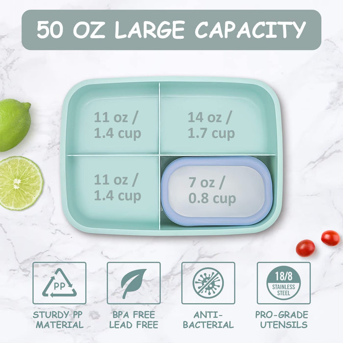 Bento Box Adult Lunch Box, Bento Lunch Box Containers, 50-Oz Bento Box for Kids with Compartments, Sauce Container, Chopsticks and Spork, Green