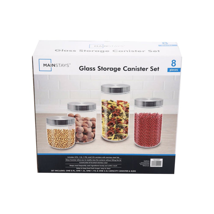 Mainstays Glass Storage Canisters with Stainless Steel Lids, 4 Piece Set