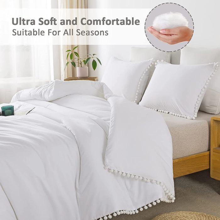White Pom Pom Fringe Comforter Full(79X90 Inch), 3 Pieces(1 Boho Comforter and 2 Pillowcases) Aesthetic Ball Pom Comforter, Lightweight Soft Microfiber down Alternative Bedding Set