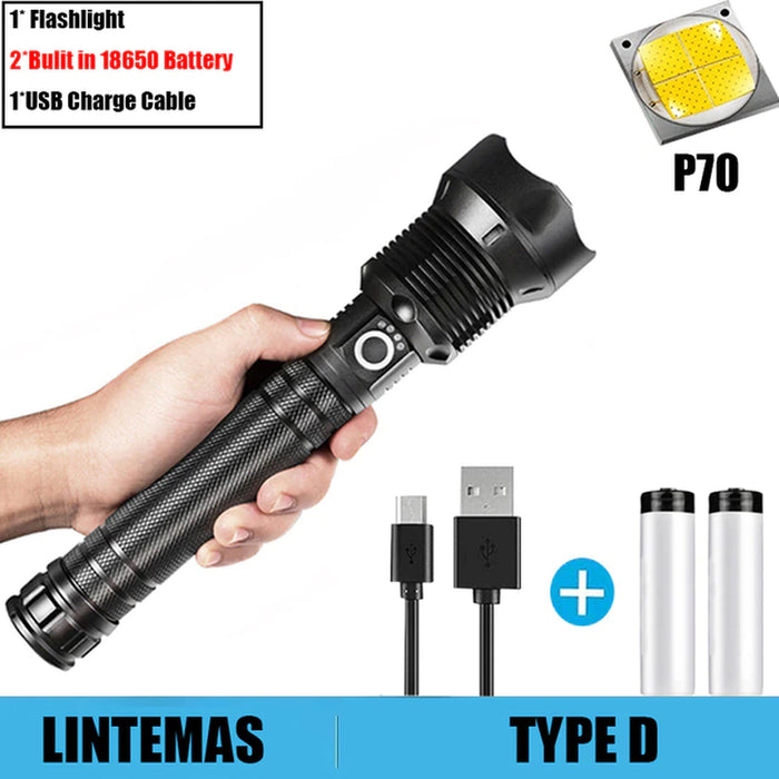 Rechargeable Flashlight Zoomable P70 Powerful LED Flashlight 3 Lighting Modes LED Torch Support for Mircro Charging Hunting Lamp