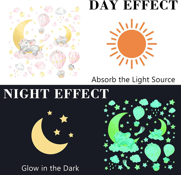 Glow in the Dark Elephant Wall Decals Stickers, Pink Moon Nursery Decor for Kids, Hot Air Balloon Star Crib Luminous Toddler Girls Home Decorations Bedroom Art