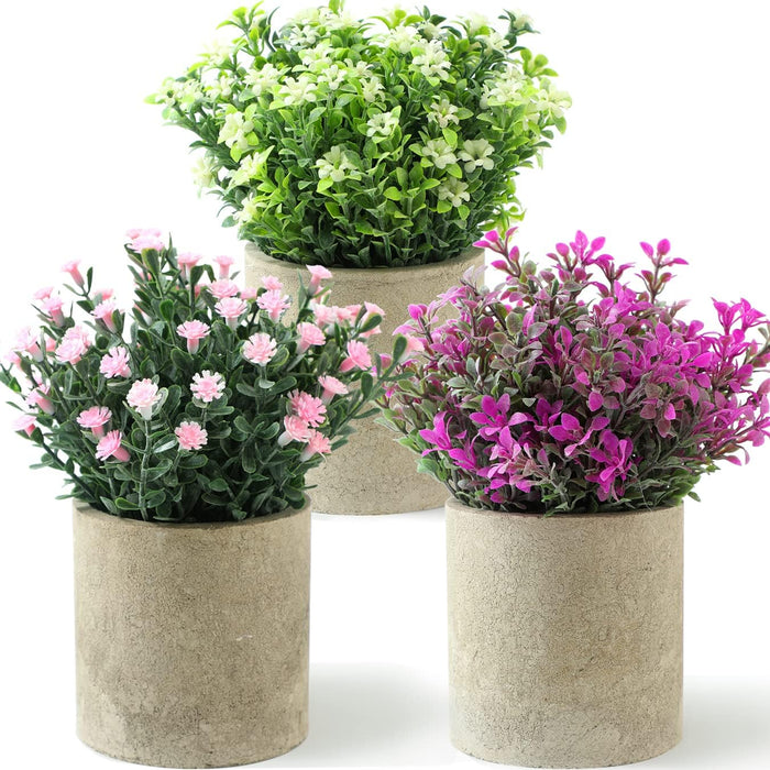 GIRLS Small Fake Plants Set of 3 Home Decor Indoor, Potted Artificial Plant Flowers Living Room Bedroom Bathroom Aesthetic, Mini Faux Plant in Pots for Desk Shelf Office, Purple Pink White