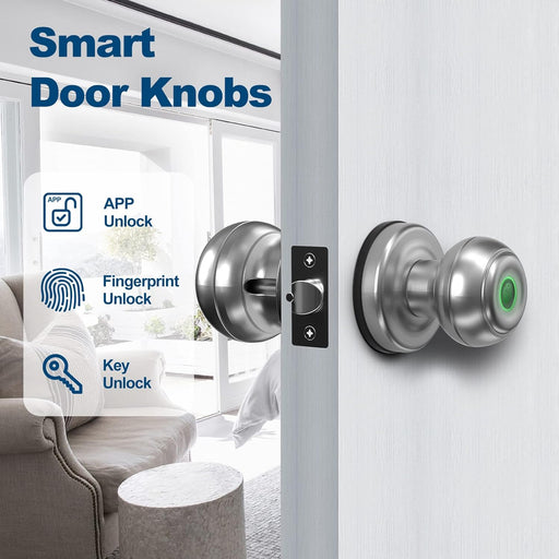 Smart Door Knob, Fingerprint Door Lock Smart Lock Biometric Door Lock Fingerprint Door Knob with App Control, Great for Bedrooms,Cloakroom,Apartments Offices,Hotels, Satin Nickel