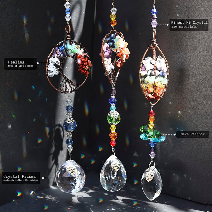 3Pcs Crystal Suncatchers for Windows Hanging Tree of Life Sun Catchers Decor with Prisms for Car, Chakra Feng Shui Decor for Home, Pack of 3