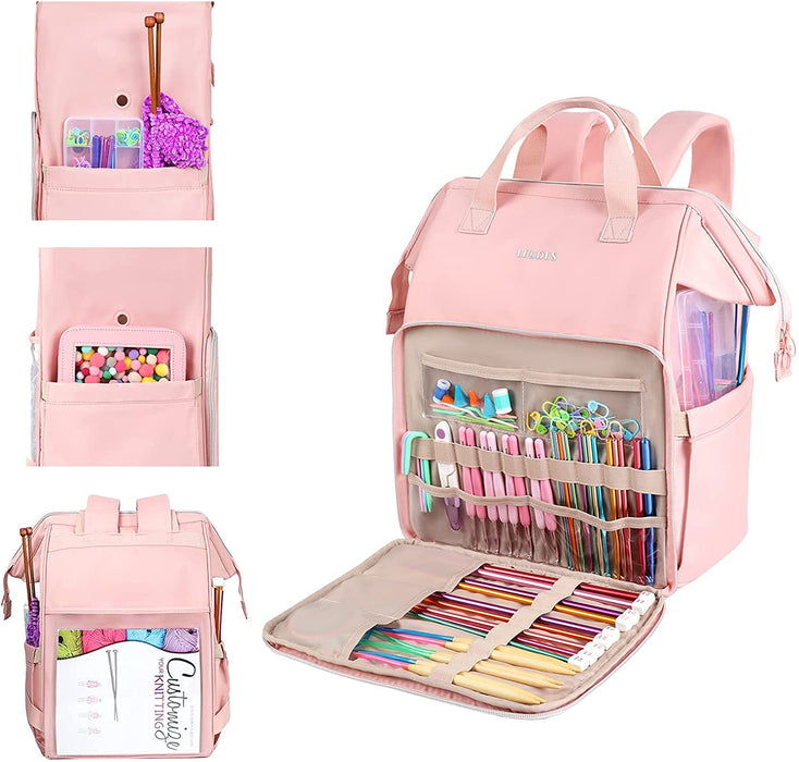 Knitting Bag Backpack, Yarn Storage Organizer Large Crochet Bag Tote Water Resistant Yarn Holder Case for Carrying Projects, Knitting Needles, Crochet Hooks and Other Accessories (Pink)