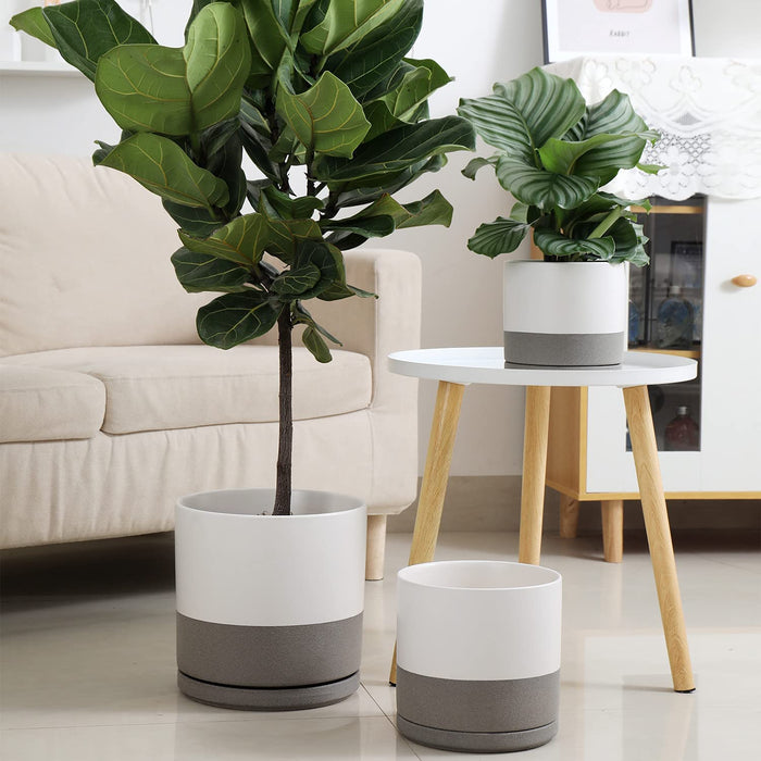 6Inch Modern Cylinder Matte Ceramic Planter Pot with Drainage Hole and Saucer , Planter Pot for Indoor Outdoor Plants Flowers , White/Gray