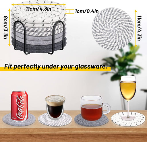 8 Pcs Drink Coasters with Holder, 4 Colors Absorbent Coasters for Drinks, Minimalist Cotton Woven Coaster Set for Home Decor Tabletop Protection Suitable for Kinds of Cups, 4.3 Inches.