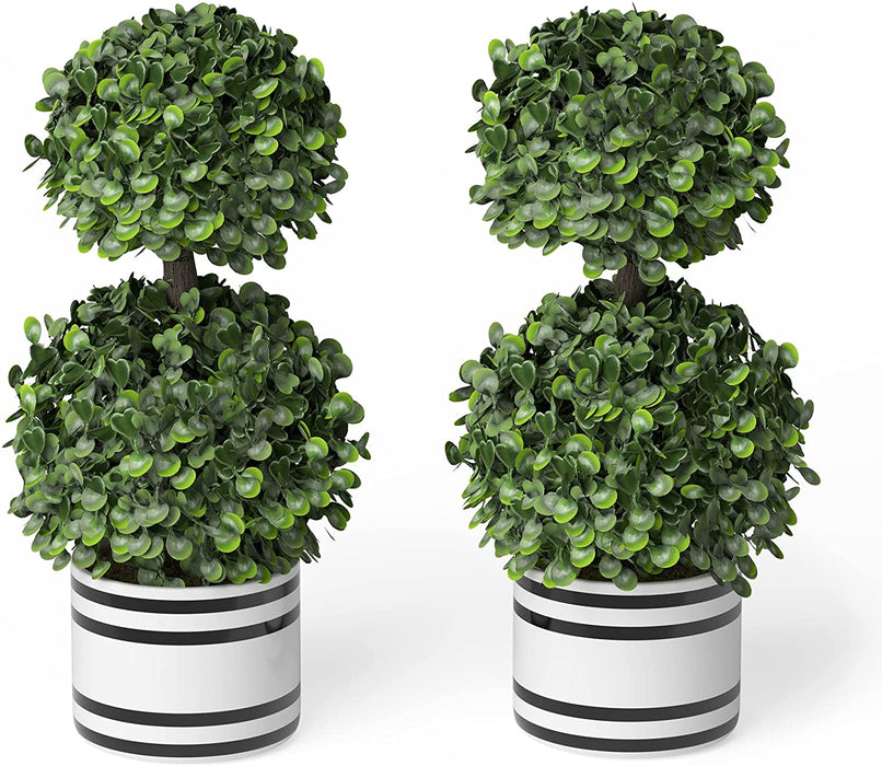 Set of 2 (12.5") Artificial Boxwood Topiary Potted Plant Decorations, Mini Faux Fake Plant Greenery Arrangements in Pots for Office Desk or Home Decor, 5.5" X 12.5"