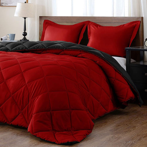 Lightweight Solid Comforter Set (King) with 2 Pillow Shams - 3-Piece Set - Red and Black - down Alternative Reversible Comforter