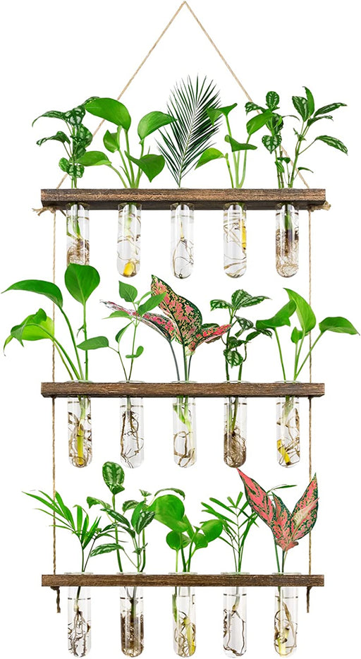 3 Tier Large Propagation Stations Wall Hanging Plant Terrarium with Wooden Stand, Retro Propagation Test Tube for Hydroponic Plants Cutting Flower, Propagator Home Office Patio Decor-Brown
