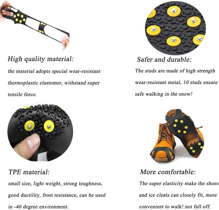 Ice Cleats, Ice Grips Traction Cleats Grippers Non-Slip over Shoe/Boot Rubber Spikes Crampons anti Easy Slip 10 Steel Studs Crampons Slip-On Stretch Footwear