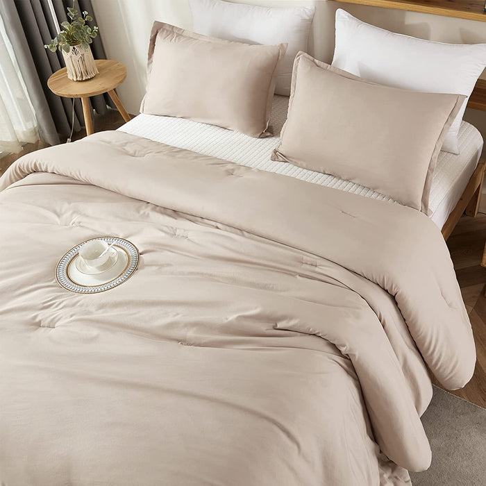 Khaki Comforter Set Full Size, 3 Pieces Farmhouse Solid Bedding Set & Collections, Taupe Bed Set (79X90In Comforter & 2 Pillowcases)