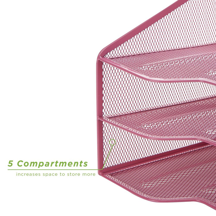 Mind Reader 3-Tier Mesh Desk File Organizer Tray with 5 Compartments, Pink