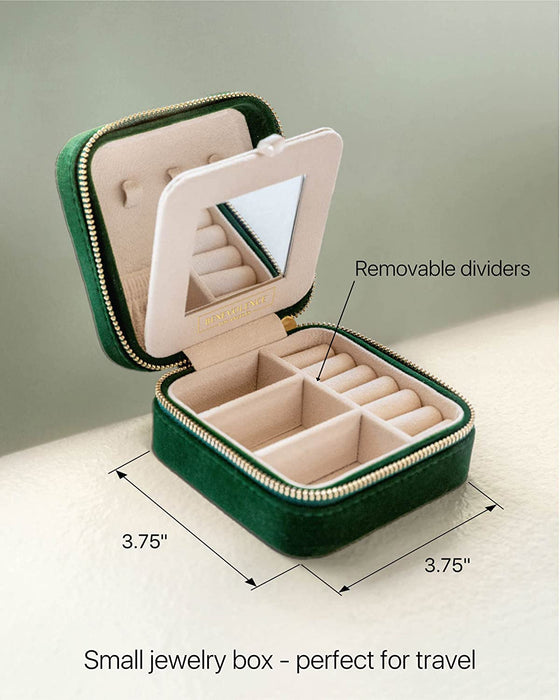 Plush Velvet Travel Jewelry Organizer Box | Travel Jewelry Case Small Jewelry Boxes for Women | Jewelry Travel Organizer, Jewelry Travel Case for Women | Earring Organizer with Mirror - Emerald Velvet