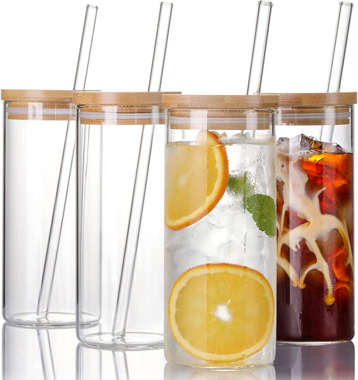 4 Set 20 OZ Drinking Glasses with Bamboo Lids and Straws, Borosilicate Glass Tumbler Cups - Tall Clear Iced Coffee Cups for Smoothie, Water, Juice, Coffee Bar Accessories - Cute Gifts, Reusable