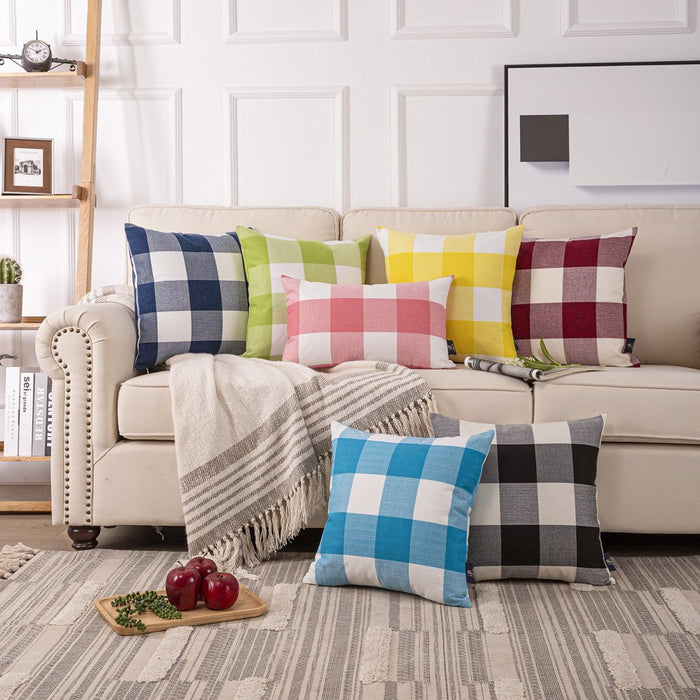 Buffalo Checker Plaid Farmhouse Summer Square Decorative Throw Pillow for Couch, 18" X 18", Pink, White, 2 Pack