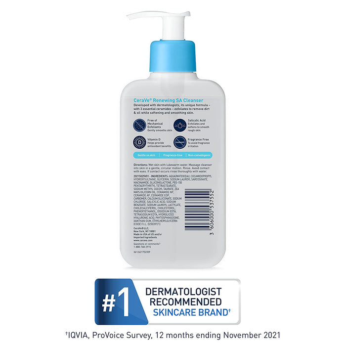 SA Cleanser | Salicylic Acid Cleanser with Hyaluronic Acid, Niacinamide & Ceramides| BHA Exfoliant for Face | Fragrance Free Non-Comedogenic | 8 Ounce