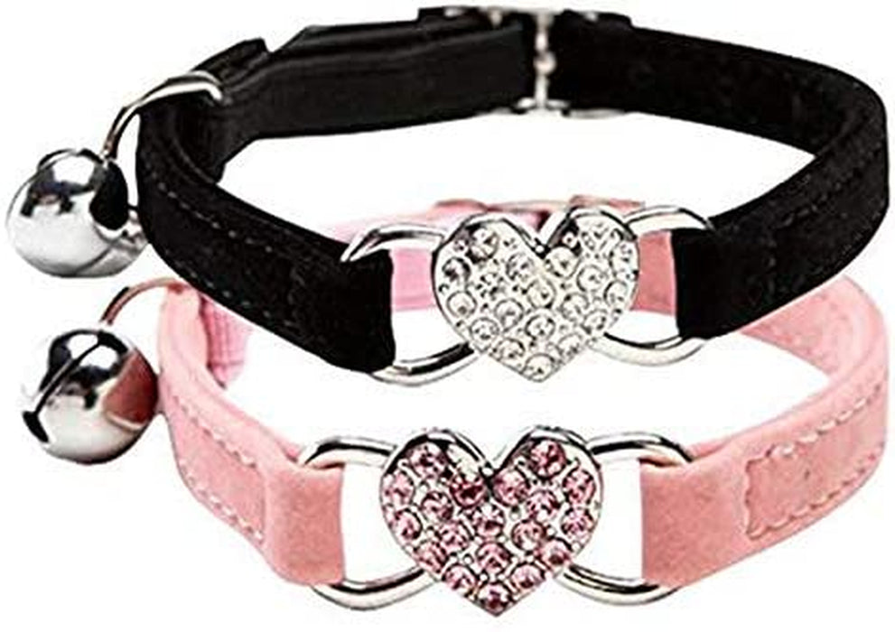Pink Soft Velvet Safe Cat Adjustable Collar with Crystal Heart Charm and Bells 8-11 Inches(Black+Red+Pink+Blue)