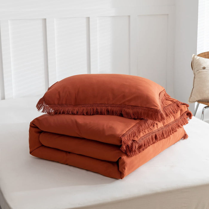 Terracotta Comforter Set Queen Size, 3 Pcs Boho Fringe Tufted Soft Microfiber Bedding Sets, Tassel Burnt Orange Comforter Sets for All Season (1 Comforter + 2 Pillowcases)