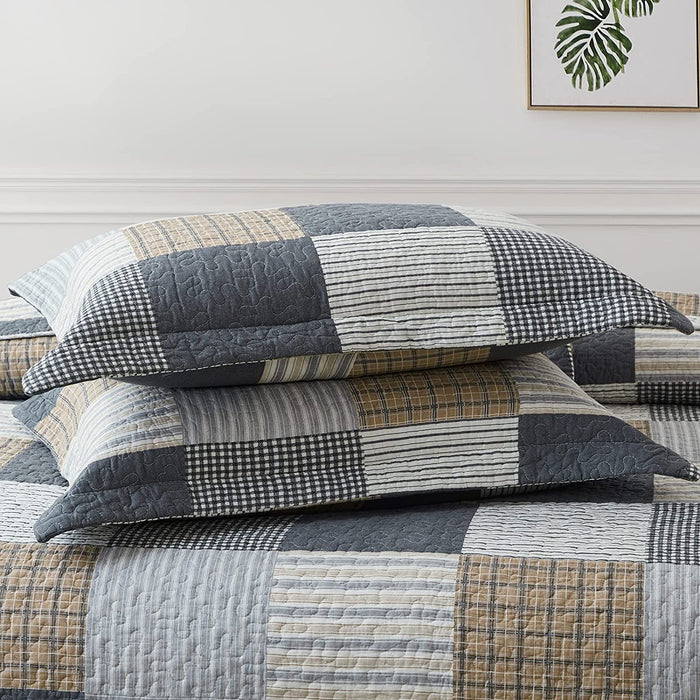 100% Cotton Quilt Set Queen Size,Patchwork Plaid Queen Quilt Bedding Set Bedspreads,Farmhouse Lightweight Comforter,Grey/Gray/Black/Tan/White/Cream Reversible Quilt for Queen Bed,3 Pieces
